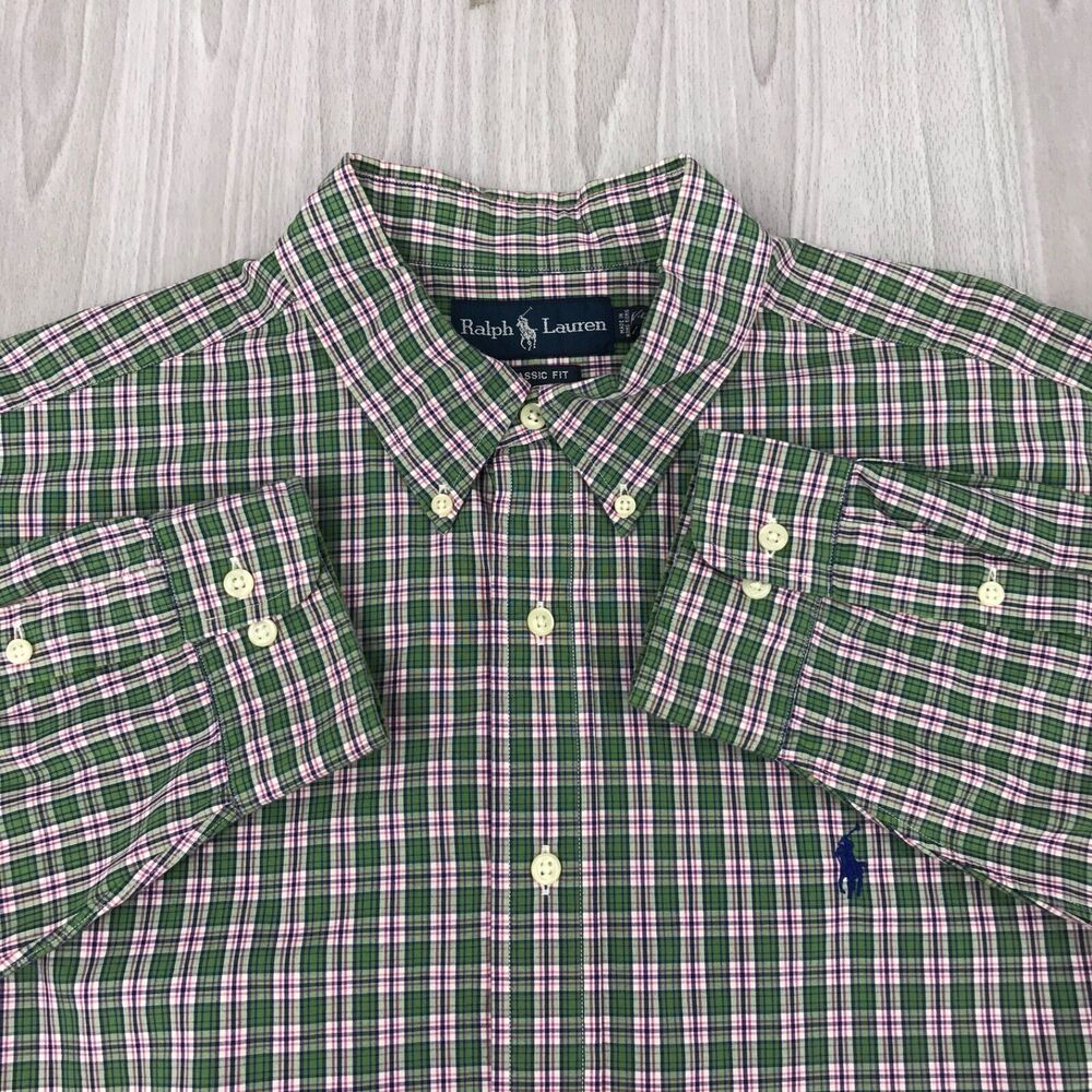 Ralph Lauren Men's Classic Fit Plaid Button Down Shirt Green Pony Logo‎ 17.5 XL